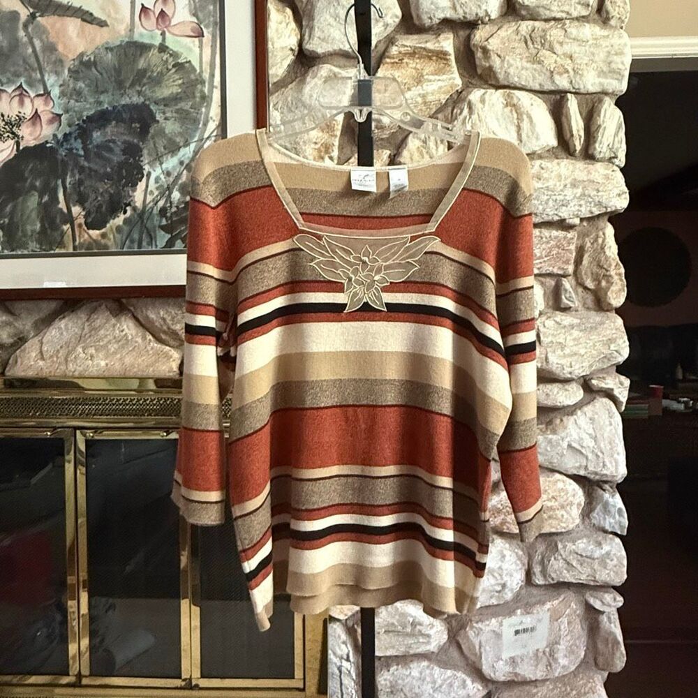NWT Emma James women’s plus stripe sweater with floral neck size 1x 90s Boho ear
